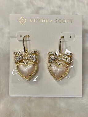 Kendra Scott Full-Diamond Bow Pearl Mother-of-Pearl Heart Pendant Earrings